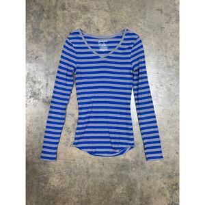 No Boundaries Womens Blue Grey Striped Long Sleeve V-Neck Ribbed Top Size M 7-9